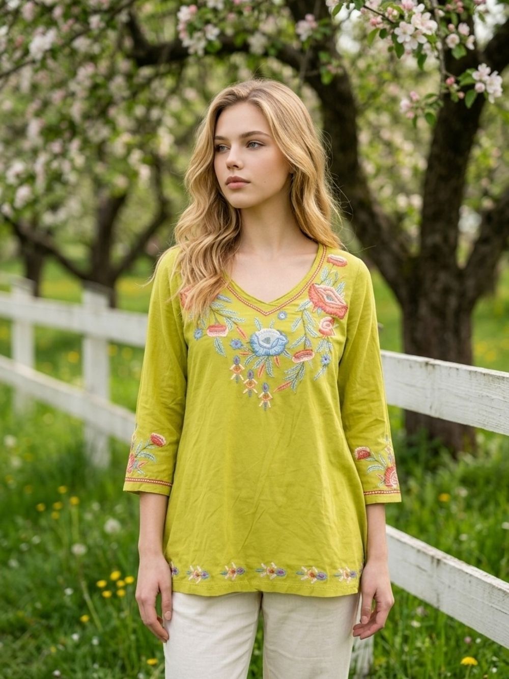 Caite Olive Green Embroidered Tunic V-Neck Boho Floral Blouse Large